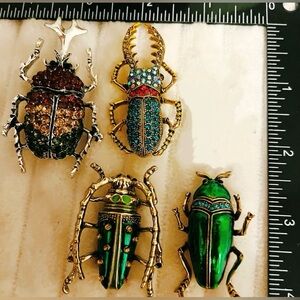 Lot of 4 Beetle Brooches Rhinestone Enamel Insect Bug Pins Vintage Style Jewelry